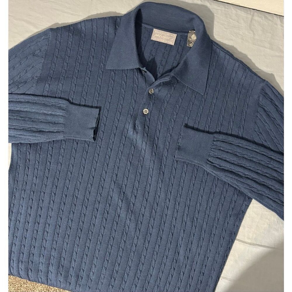 Lord & Taylor 100% Italian Merino Wool Blue Sweater XL Long Sleeve Button